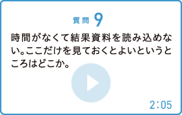 時間がなくて結果資料を読み込めない。ここだけを見ておくとよいというところはどこか。